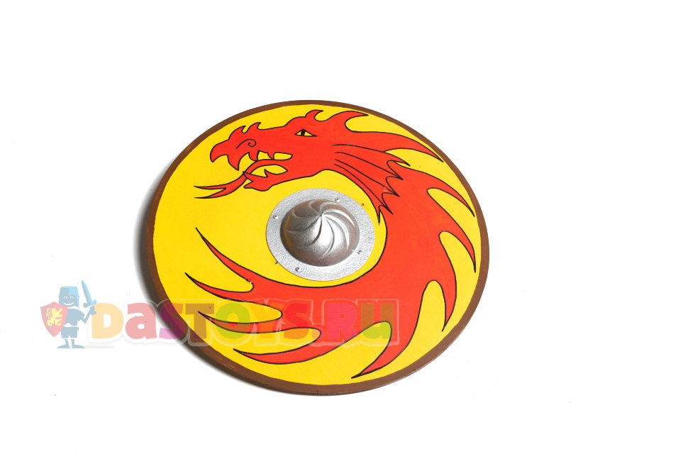 Деревянный круглый щит игрушечный,  красный дракон на желтом фоне