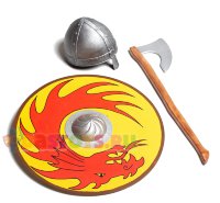 Набор викинга игровой Норманнка + топор бородач + Щит красный дракон на желтом фоне