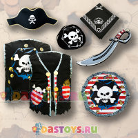 Детский набор пирата 6 предметов (шляпа, жилетка, сабля, щит, повязка на глаз, бандана)