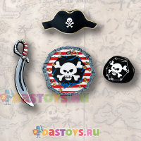Детский набор пирата 5 предметов (шляпа, жилетка, сабля, щит, повязка на глаз)