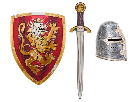 Набор рыцаря детский шлем Топхельм, красные щит и меч со львом