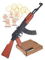 Автомат деревянный в сборе, стреляет резинками очередями, съемный приклад, окрашенный, 70 см.