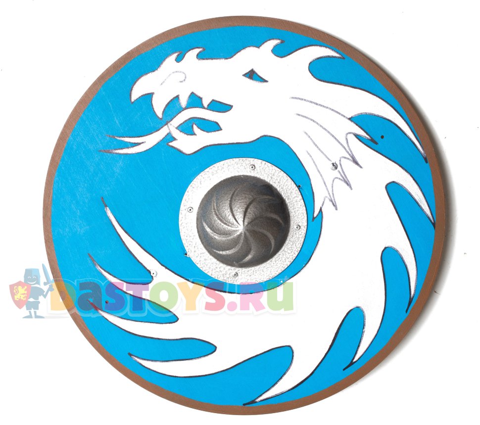 Деревянный круглый щит игрушечный, серый дракон на синем фоне