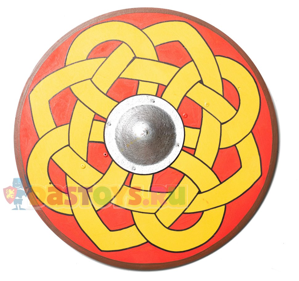 Деревянный круглый щит игрушечный, желтый узор на красном фоне