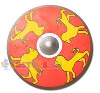 Деревянный круглый щит игрушечный, желтые львы на красном фоне